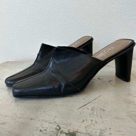 Vintage Nicole Black Leather Mules square toe block heel 90s Y2K minimalist 8 - Picture 5 of 13